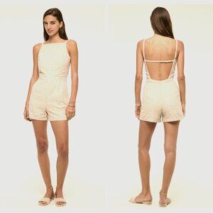 ABERCROMBIE Gingham Apron Linen-Blend Romper in Soft Caramel